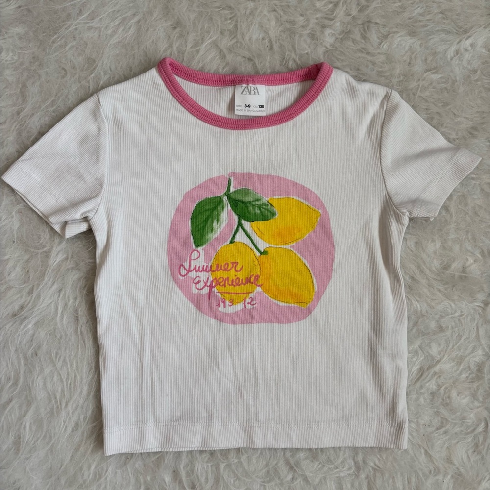 Zara White Ribbed Tee with Pink Trim and Yellow Lemon Graphic